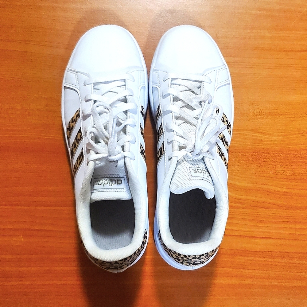White Adidas Sneakers with Leopard Print Stripes